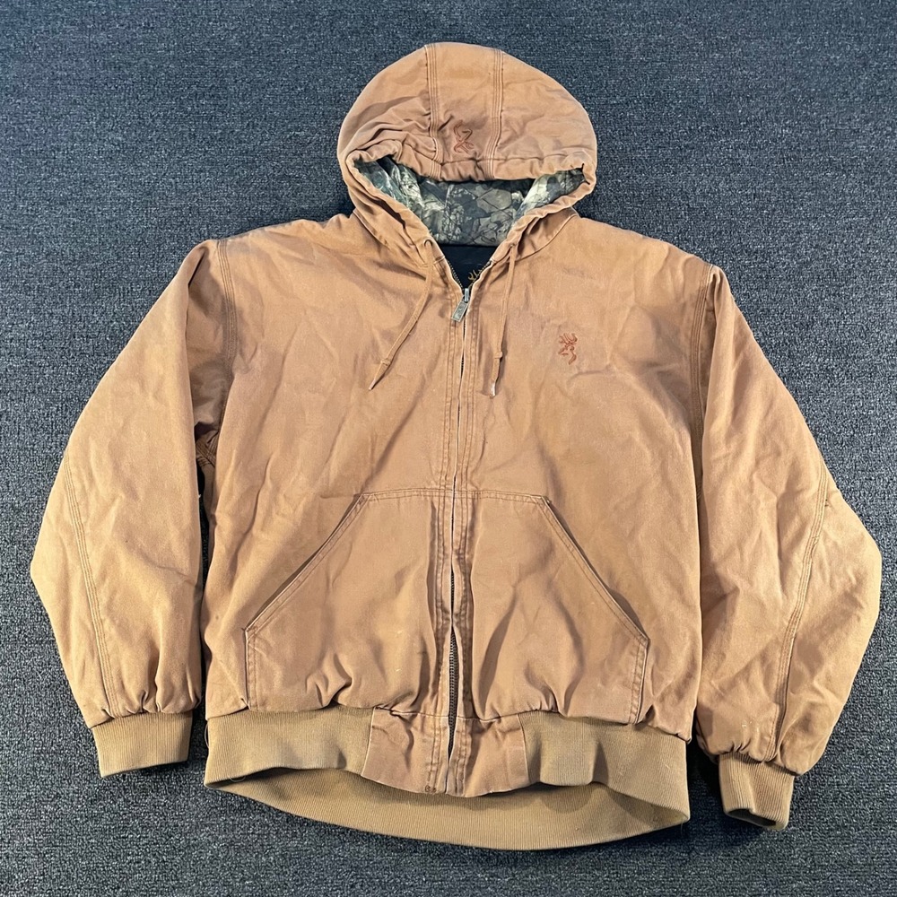 Browning Work Jacket Mens Large Brown Canvas Hooded Quilted Lined Good MCA1106